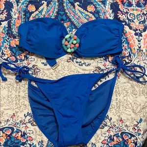 Blue bandeau bikini with string bottoms